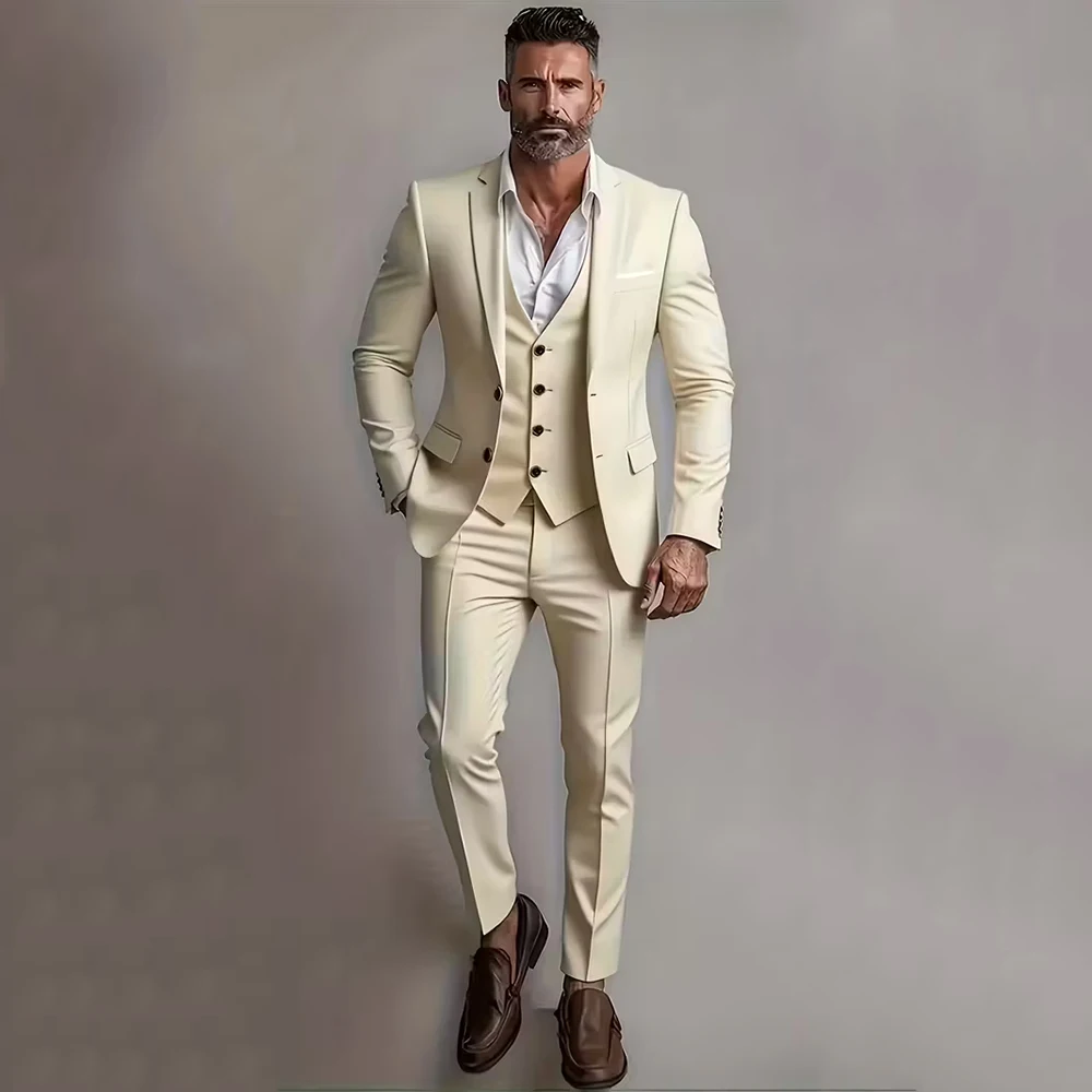 

Элегантные мужские костюмы Biege, комплекты из 3-х предметов, куртка, жилет и брюки, высококачественная облегающая однобортная мужская одежда для свадебного банкета