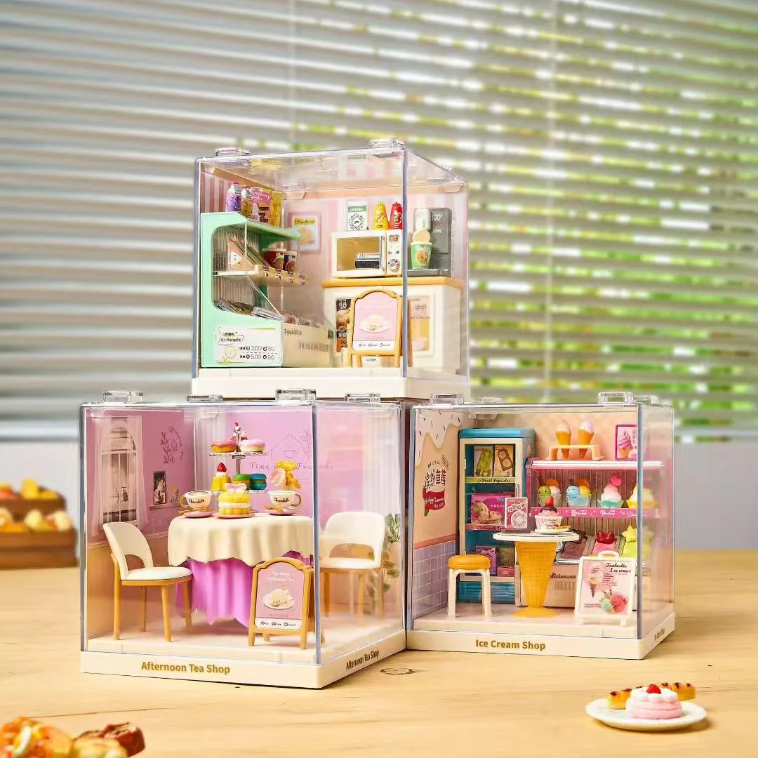 Creative DIY House Mininatures Scene Assemble Model Kit with Dust Cover Dessert Ice Cream Shop Mini DollHouse Models Toys Gifts