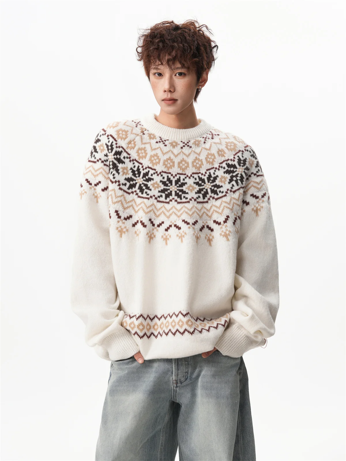 Autumn Winter New American Style Red Warm Round Neck Sweater Men's Retro Atmosphere Loose Casual Brown Knitted Sweater