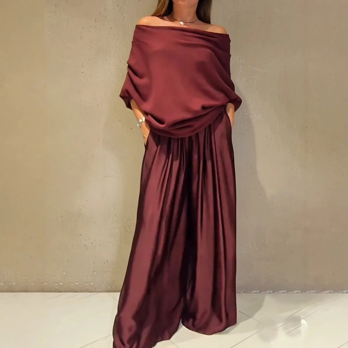 

2026 Amazon Aliexpress Cross-Border New Elegant Off-Shoulder Top And Satin Wide-Leg Pants Two-Piece Set