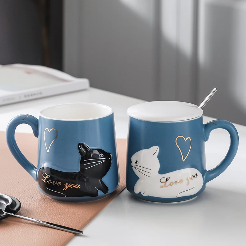 

Couples Cup A Pair with Lid Spoon COUPLE'S Mug Creative Household Coffee Cup GIRL'S Cute Ceramic Glass Gift Ceramic Mug