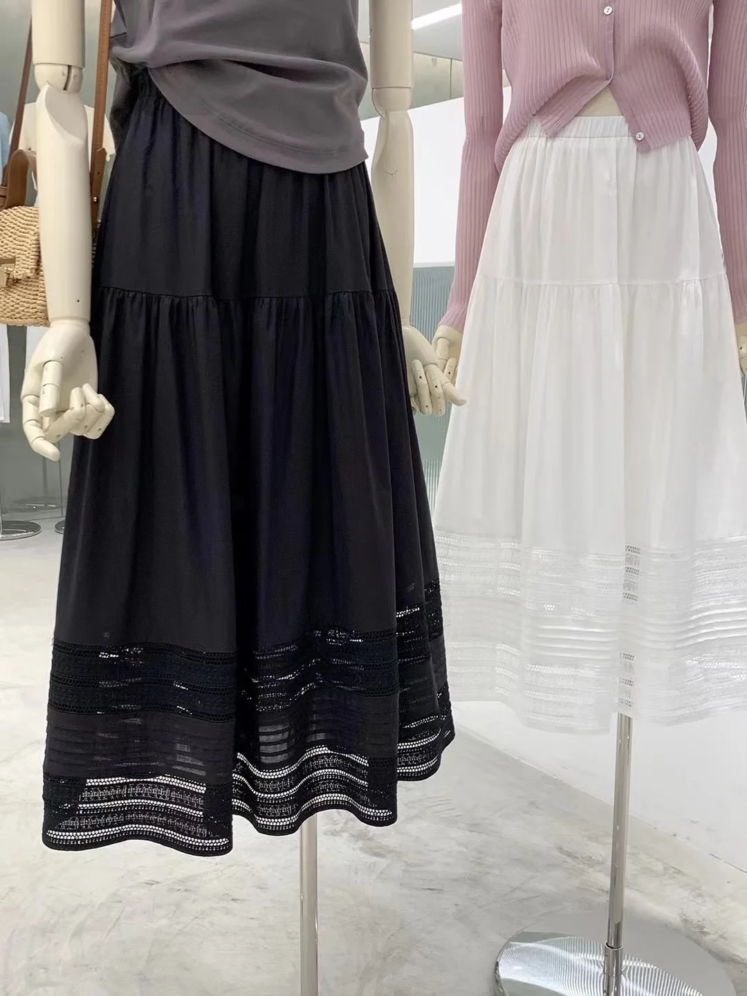 

High Waist Lace f Skirt Women's Spring 2024 New Sle A-Line Midi Skirt Cotton Blend Flared Design Korean Commute Pure Color