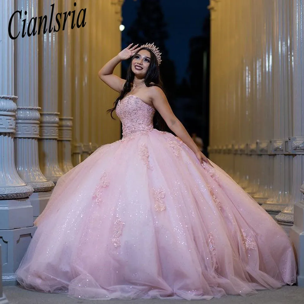 Roze Quinceanera Jurken Tulle Kant Applicaties Birthday Party Baljurk Prinses Zoete Glitter Vestido De 15 Años