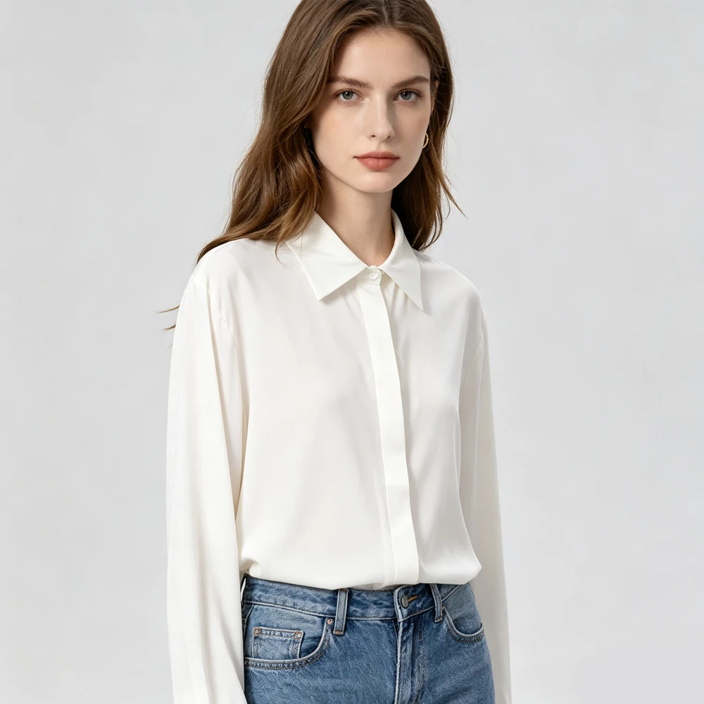 Plus Size Women's Fashion Early Autumn New 93% Natural Mulberry Silk Elastic Double Qiao Satin Versatile Long Sleeve Shirt view 2