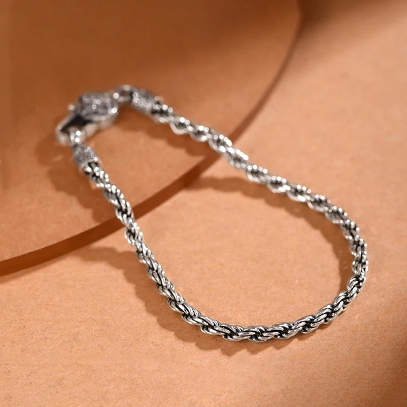 Exquisite 4MM Glossy Twisted Keel Chain S925 Silver Bracelet Retro Jewelry for Women Men Party Christmas Day Gift