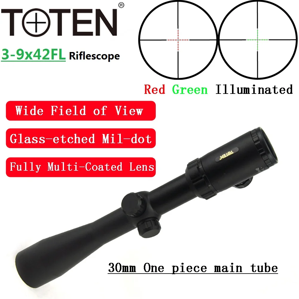 TOTEN Optical Sight 3-9x42 FMC Green Red Dot Illuminated Wide Field of View Relief Sniper Aim Hunting ar15 m4 Ak Riflescope .308