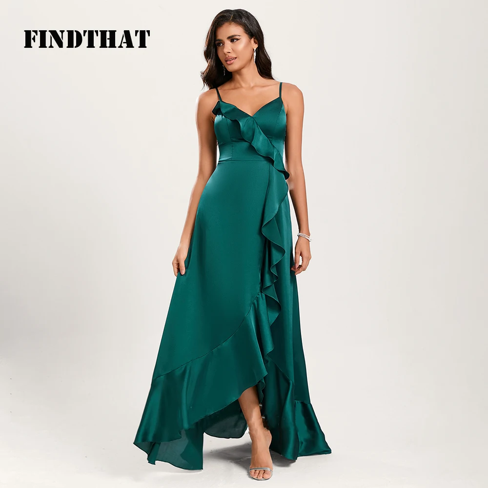 Findthat Hunter Green V-Neck Bridesmaid Dresses Spaghetti-Straps Sleeveless Elegant Ruffles Asymmetrical A-Line Prom Party Gowns