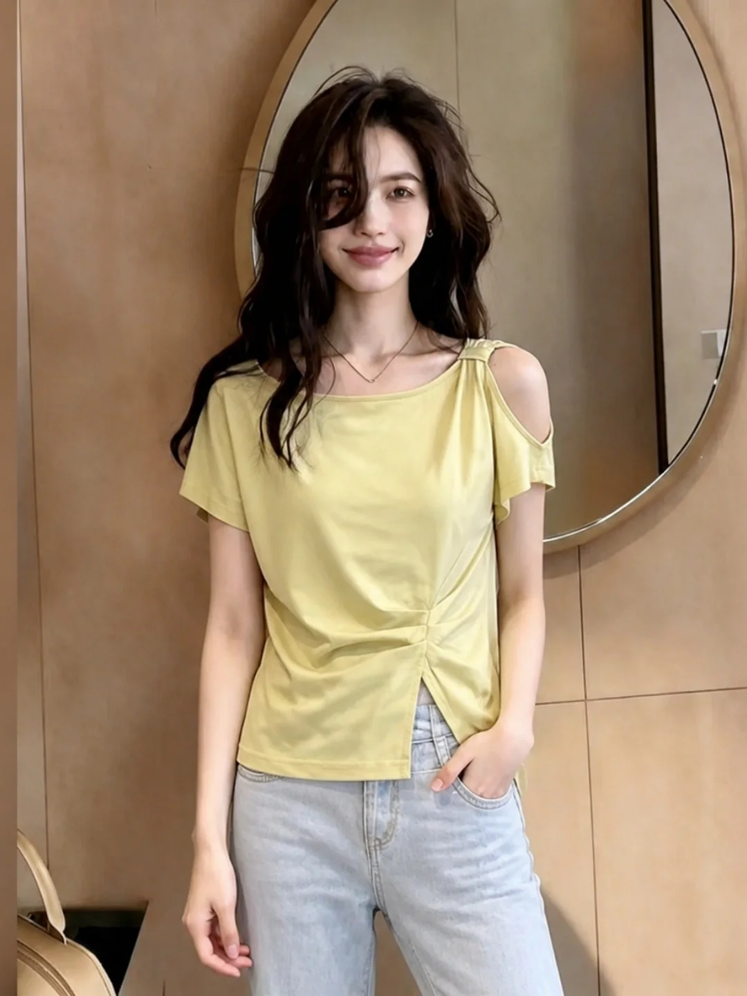 

Korean Style Casual round Neck Shoulder Bared T Shirt Short Sleeve All Match Summer Slimming Commuting Style Short Top