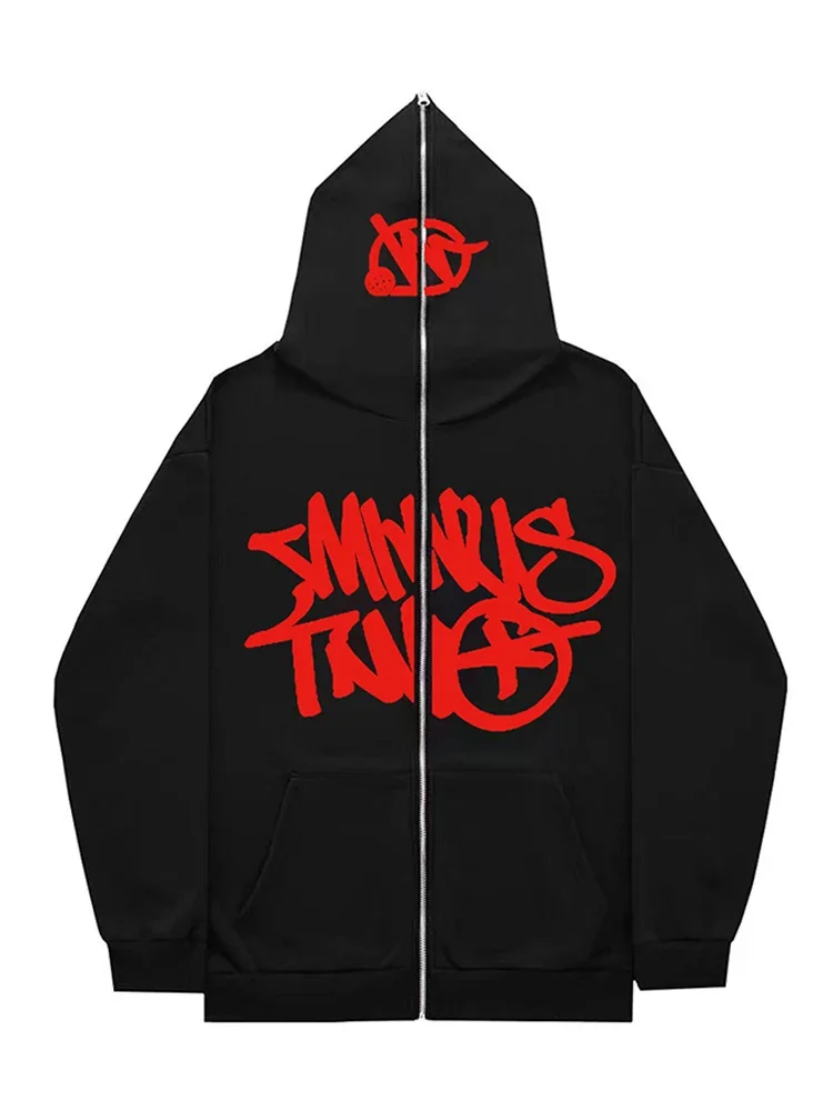 Autumn And Winter Men\'s and Women\'s Letter Printed Hooded Sweatshirt Retro Y2k Zipper Hooded, Fashionable Punk Harajuku Casual