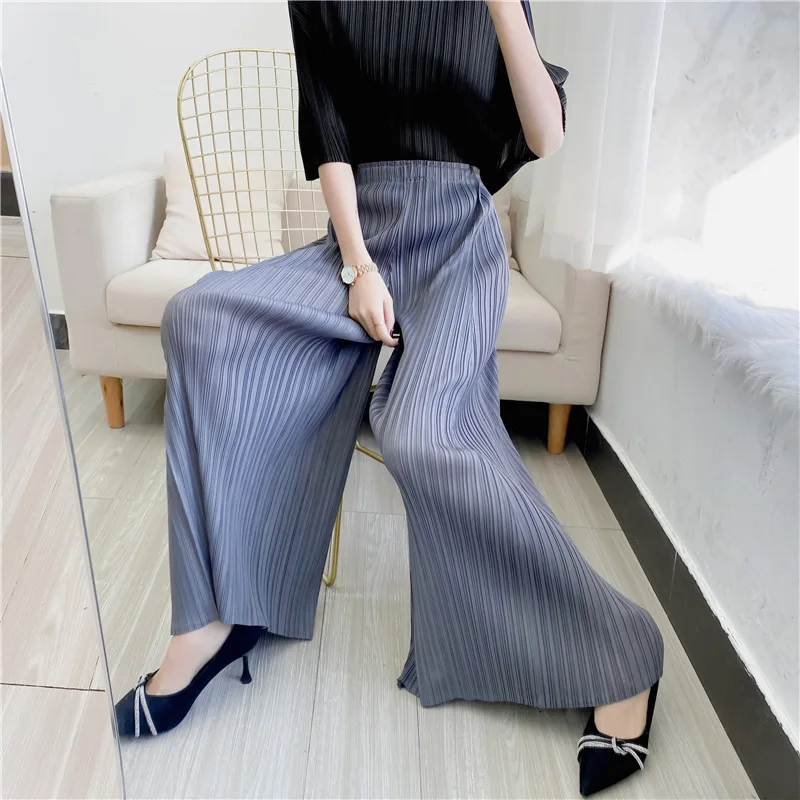 2023 Miyake Pleated Niche Wide-leg Flared Trousers for Women Spring Summer High Waist Elegant Solid Color Female Loose Pants