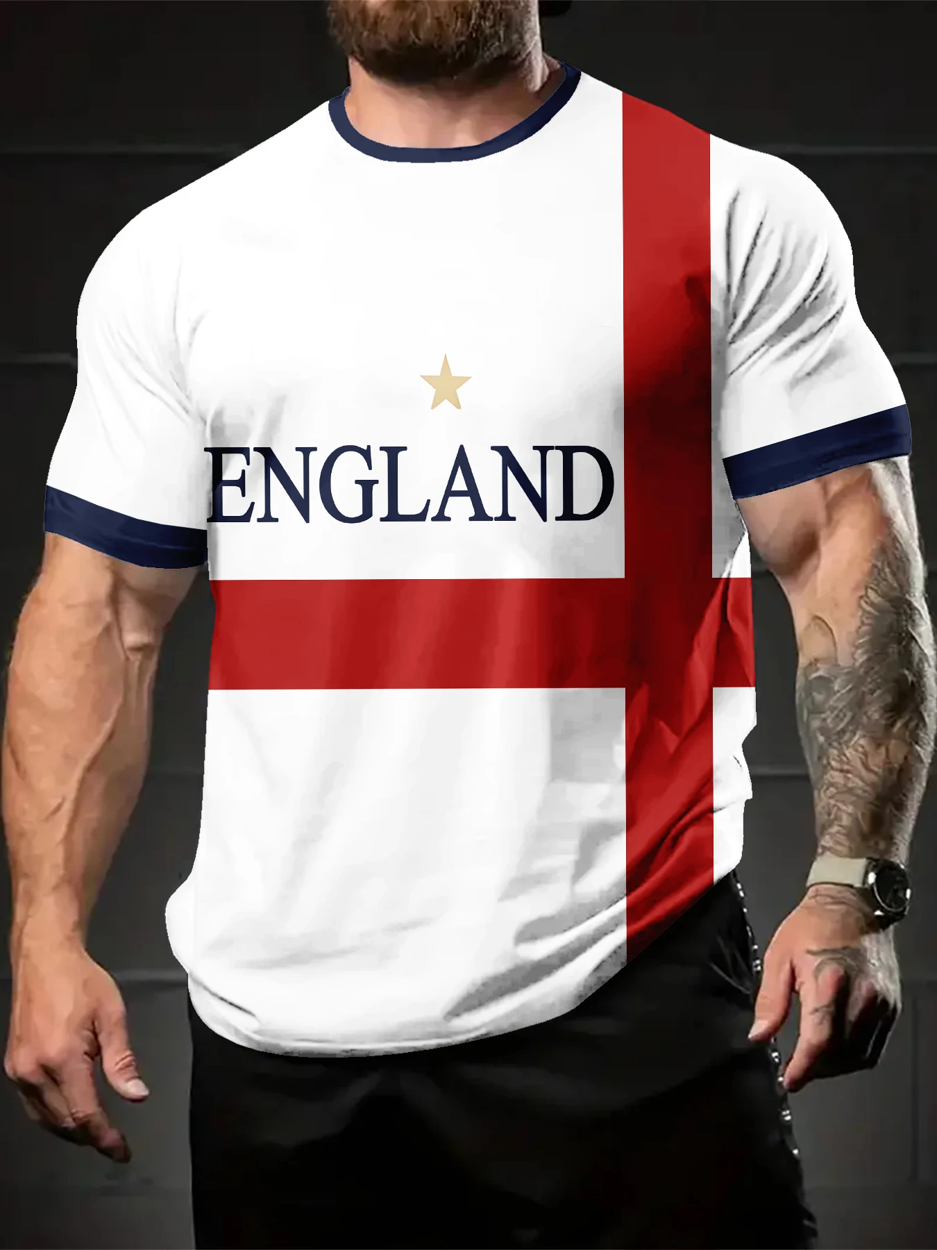 Men Daily Vacation Short Sleeve Tee, Sport Graphic T-Shirt with White Base Red Cross Golden Star Letter Navy Trim Pattern