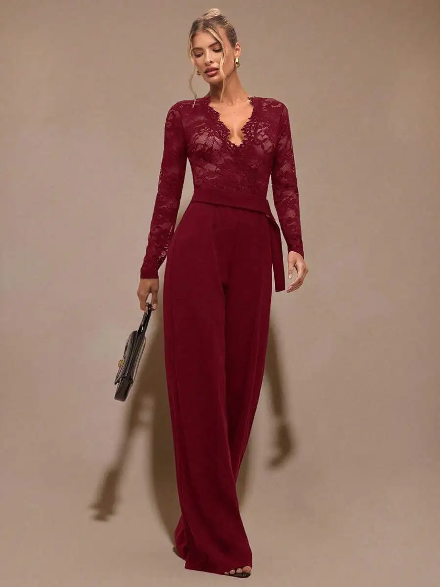 

Elegant Lace Long Sleeve Deep V-Neck Jumpsuit With Wide Leg And Sash Belt For Women