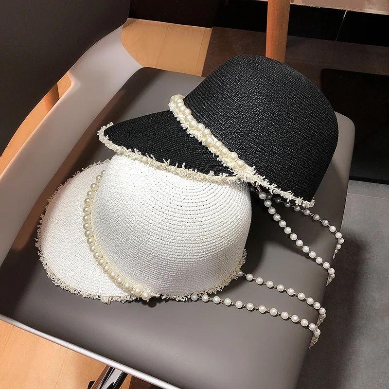 Summer Pearl Chain Straw Hat for Women Dome Top Equestrian Hat Lady Travel Sun Hat Korean Version Luxury Beach Shade Hat