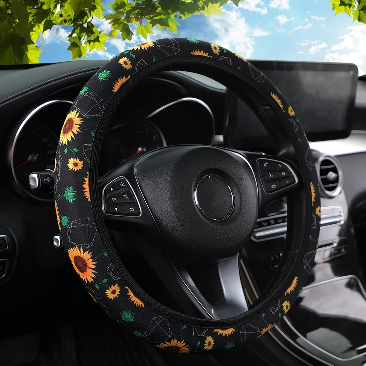 Kirschblüten- und Sonnenblumen-bedrucktes Tauchmaterial, Auto, randloser Lenkradbezug, Geister-Dekorationsstoff für Frauen – Detail 5