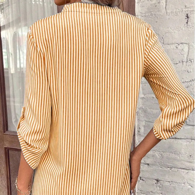 Shirts & Blouses 2025 Women Spring Pullover V-neck Printed Pocket Fashionable And Simple Long Sleeved Shirt Camisas De Mujer