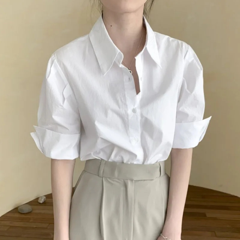 2025 Summer Korean Woman Clothing White Basic Shirts For Women Short Sleeve Turn Down Collar Blouses Casual Button Tops Mujer