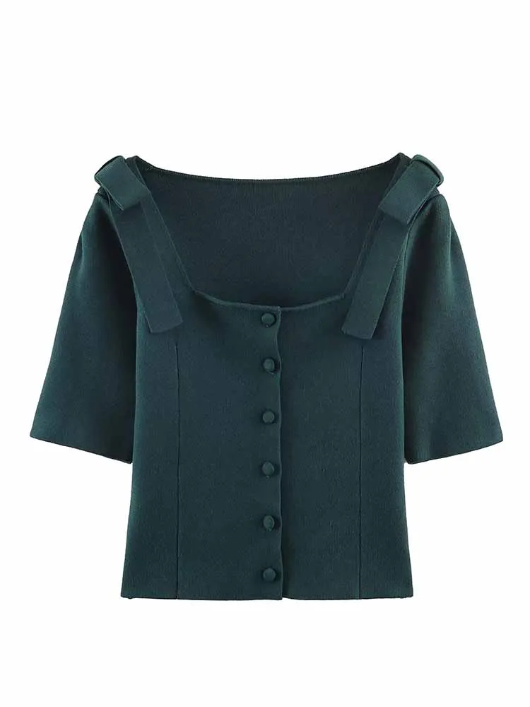 

HH женское пальто ранней весны с квадратным воротником и бантом, вязаное пальто с короткими рукавами, женский повседневный универсальный вязаный кардиган