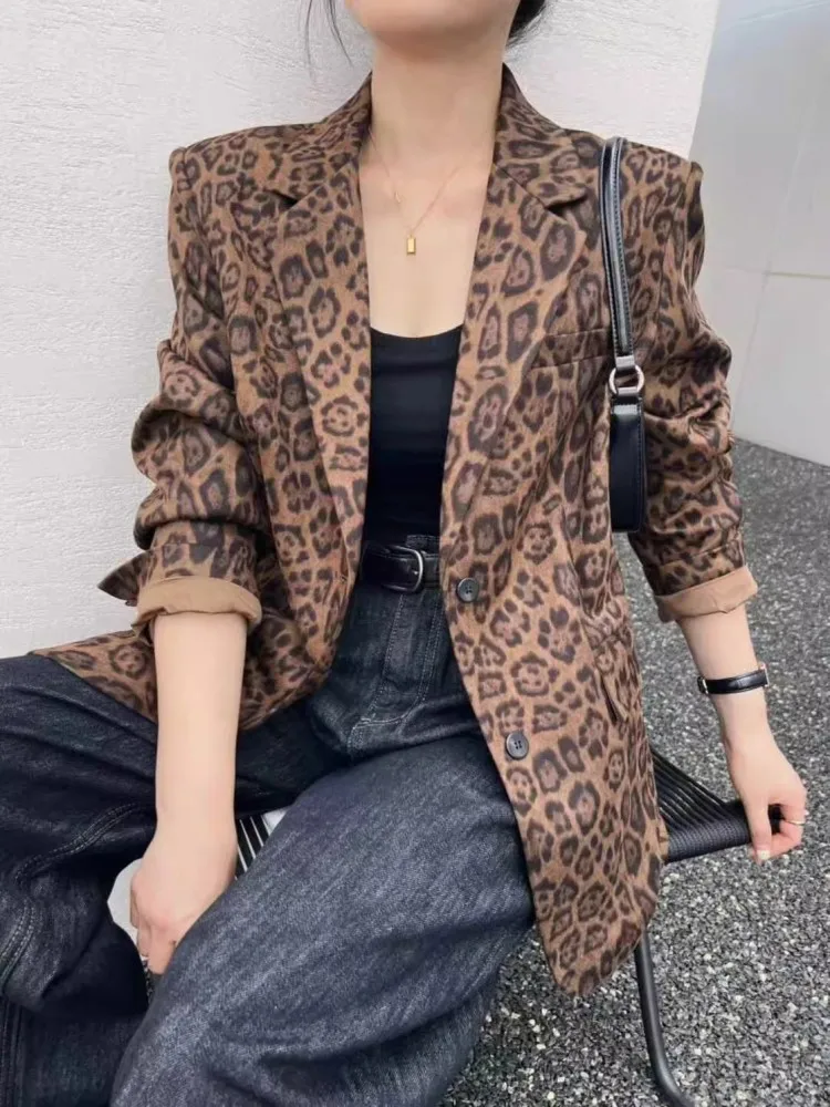 Retro Medium To Long Leopard Print Suit Jacket For Women, 2024 Autumn And Winter New Style, High-End And Stylish Top