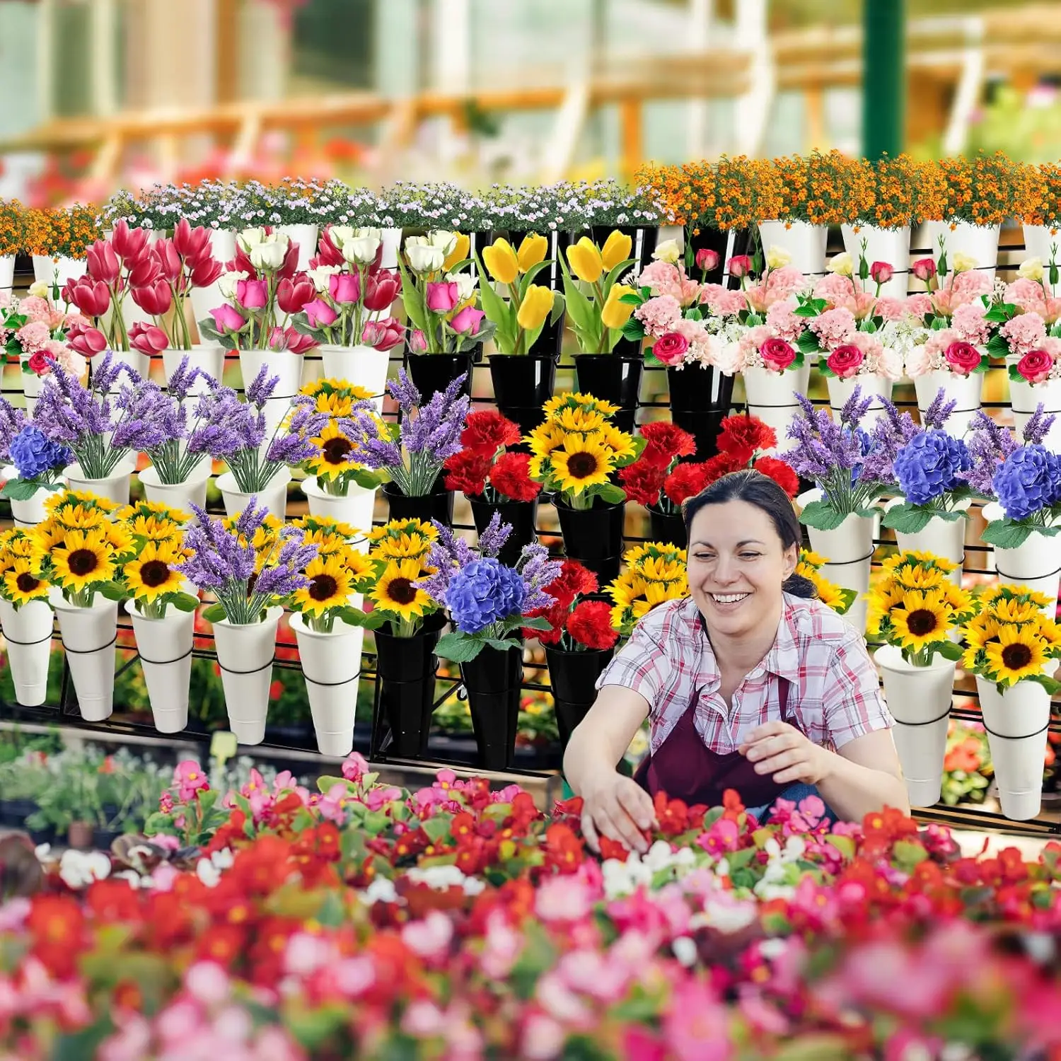 Flower Display Stand with Buckets, 3 layers Metal Plant Stand with Wheels, Moving Florist Bouquet Shelf