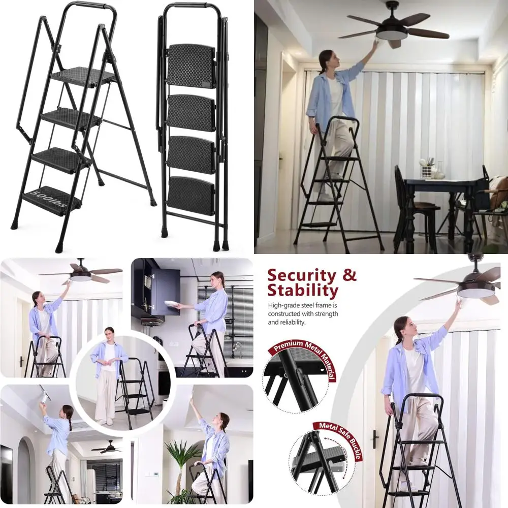 Folding 4-Step Steel Ladder with Handrails, Wide Pedals, 500lbs Capacity for Household Use, Durable and Sturdy Step Stool