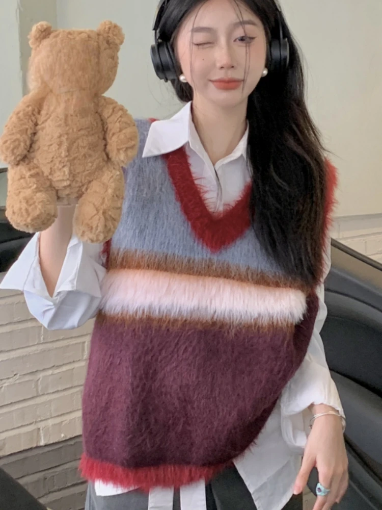 Sleeveless Sweater Vest Casual Vintage V-neck Pullovers Y2k Aesthetic Women Streetwear Korean Striped Knitwear Waistcoat