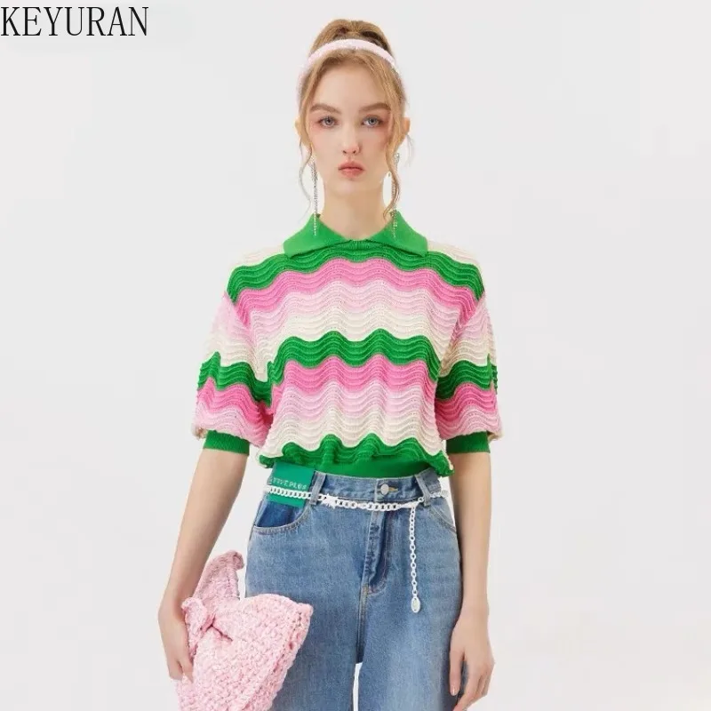 2024 New Summer Rainbow Striped Sweater Women\'s Knit T-Shirt Vintage Turn-down Collar Casual Loose Pullover Knitwear Tops Jumper