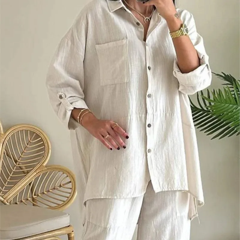 2024 Autumn Women Fashion New 2 Piece Set Cotton Linen Casual Solid shirt Wide Leg Pants Casual Loose Pants set Office Elegant