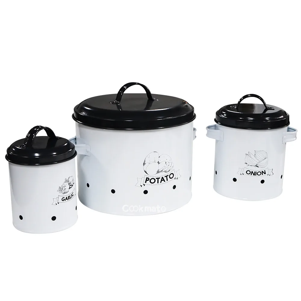 

Potato Storage Canisters 3pcs/set Kitchen Vegetable Onion Garlic Storage Bucket Round Metal Bin with Lid Long Shelf Life White