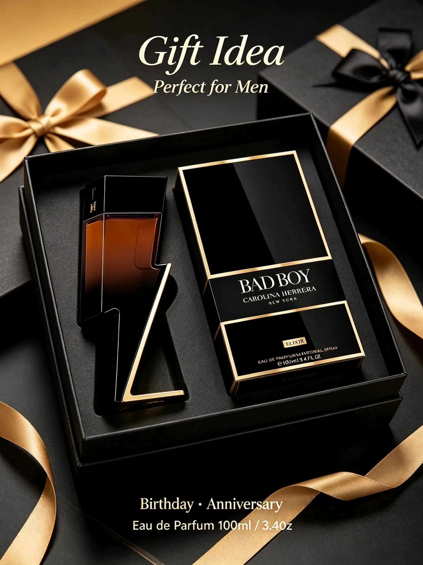 Carolina Herrera Bad Boy Elixir EDP Elixir Men's Cologne, 3.4 fl oz/100ml, 1 Bottle, Sage Leather Cedarwood Warm Woody Long Lasting Perfume for Men, Birthday Anniversary Gift for Him, Fall, Halloween, Thanksgiving, Black Friday, Christmas, New Year