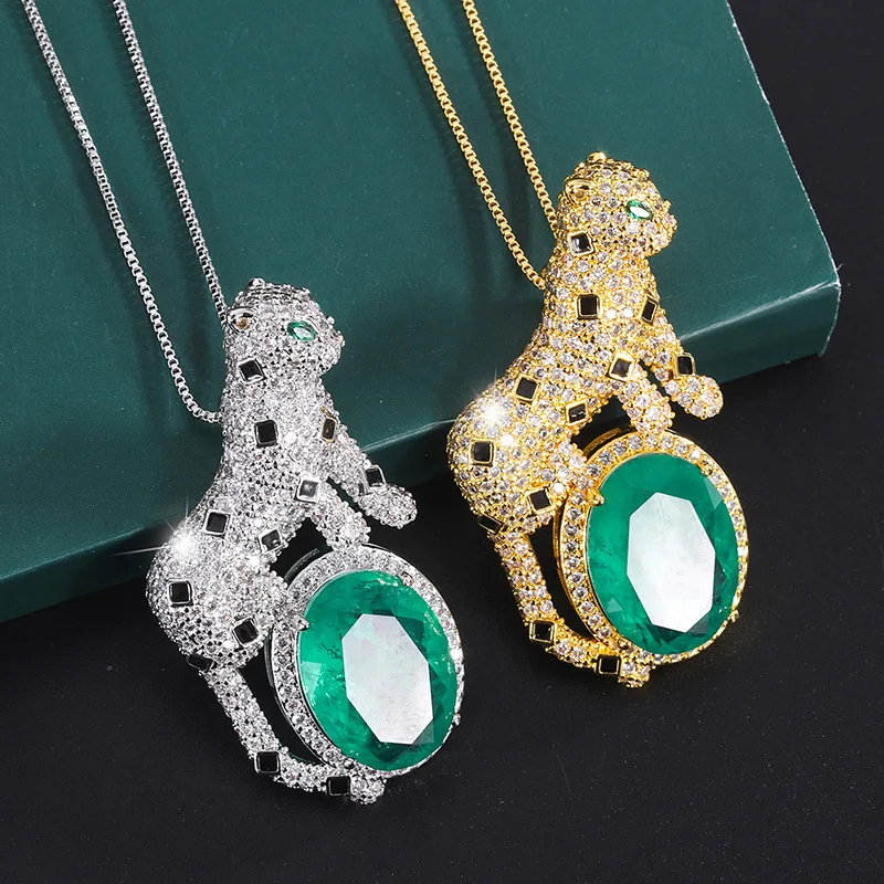 

13*18mm Emerald Paraiba Tourmaline Gemstone Pendant Necklace Women's Vintage Leopard Choker Necklaces Trendy Jewelry Gift