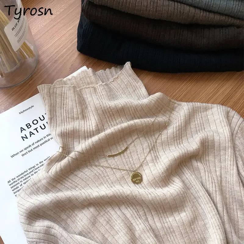 Pullovers Women Turtle-neck Solid Slim Basic All-match Autumn Knitwear Sweaters Casual Elegant OL Korean Fashion Stretch Ulzzang