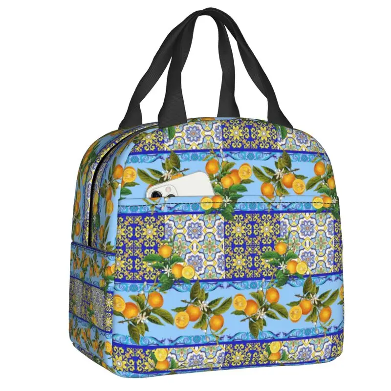 Mediterranean Tiles Oranges Lemons Insulated Lunch Box Reusable Warm Cooler Thermal Lunch Bag Picnic Food Container Tote Bags