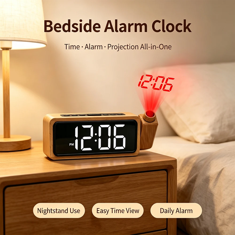 1pcThis multi-functional wooden projection alarm clock features an LED digital display, time setting, 12/24-hour format switchin