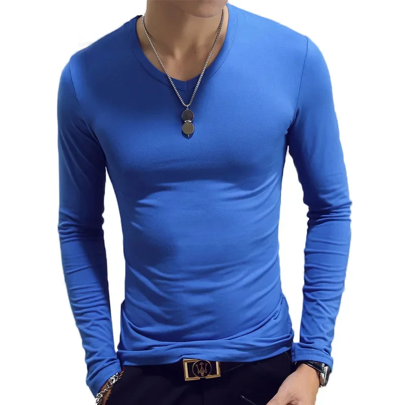 T Shirt Simple Long Sleeve Spring Autumn Tops Men\'s T-shirt Sets V-neck Solid Tshirts White Grey Blue T Shirt Men Tees New Tees