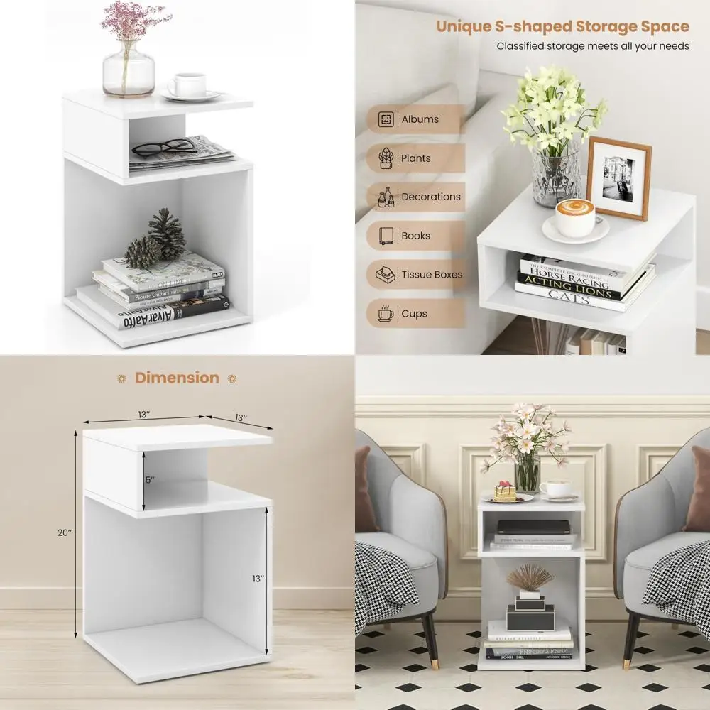 

3-Tier S-Shaped End Table with Open Storage, Narrow Wood Bedside Table, Modern Nightstand