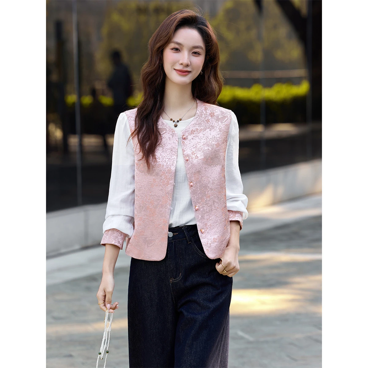 VIMLY New Chinese Style Pink Vest Set for Women 2026 Autumn Long Sleeve T-shirt Jacquard Outerwear Fashion Two-piece Set A3553