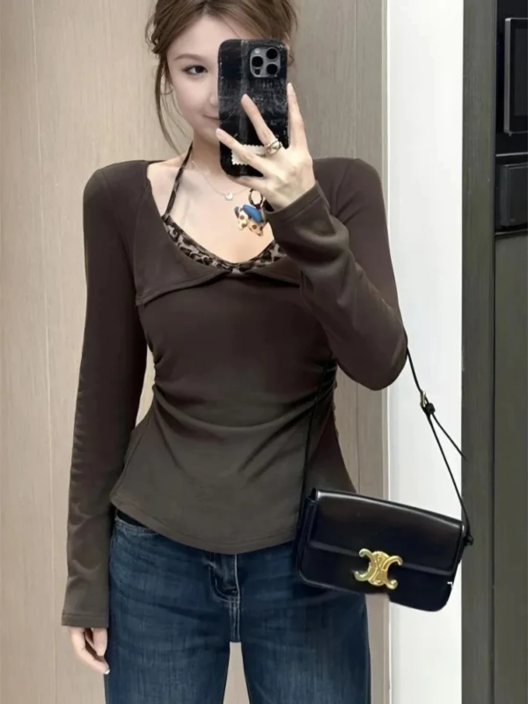 

plus Size Women's Leopard Print ter Ne Long Sve T-irt Slimming Waist Cinched Inner Wear Base Top for Autumn Winter