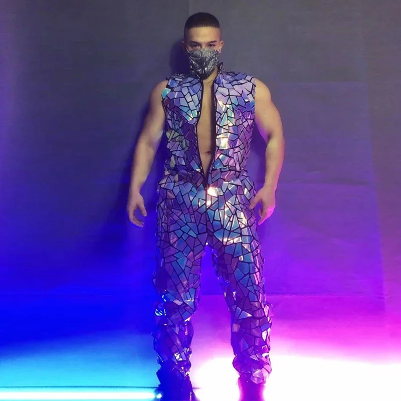 반사 레이저 스팽글 민소매 점프수트 미러 오버올 남성 가수 바 나이트클럽 힙합 댄스 의상 섹시 DJ 무대 의상