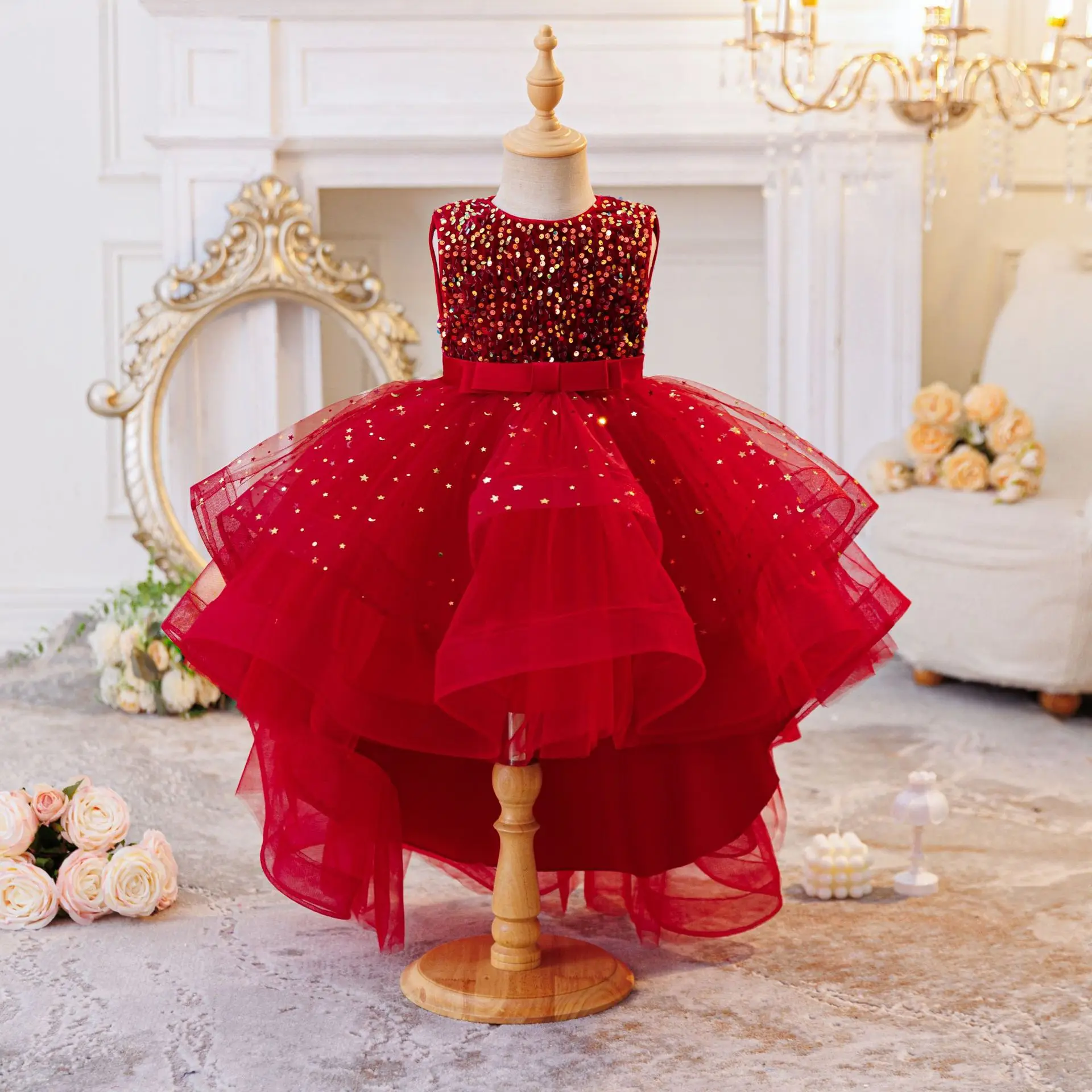 

Детское платье HETISO с пайетками, красное, сетчатое, многослойное, для девочек, костюм для детских праздников, бальное платье, 4-14 лет