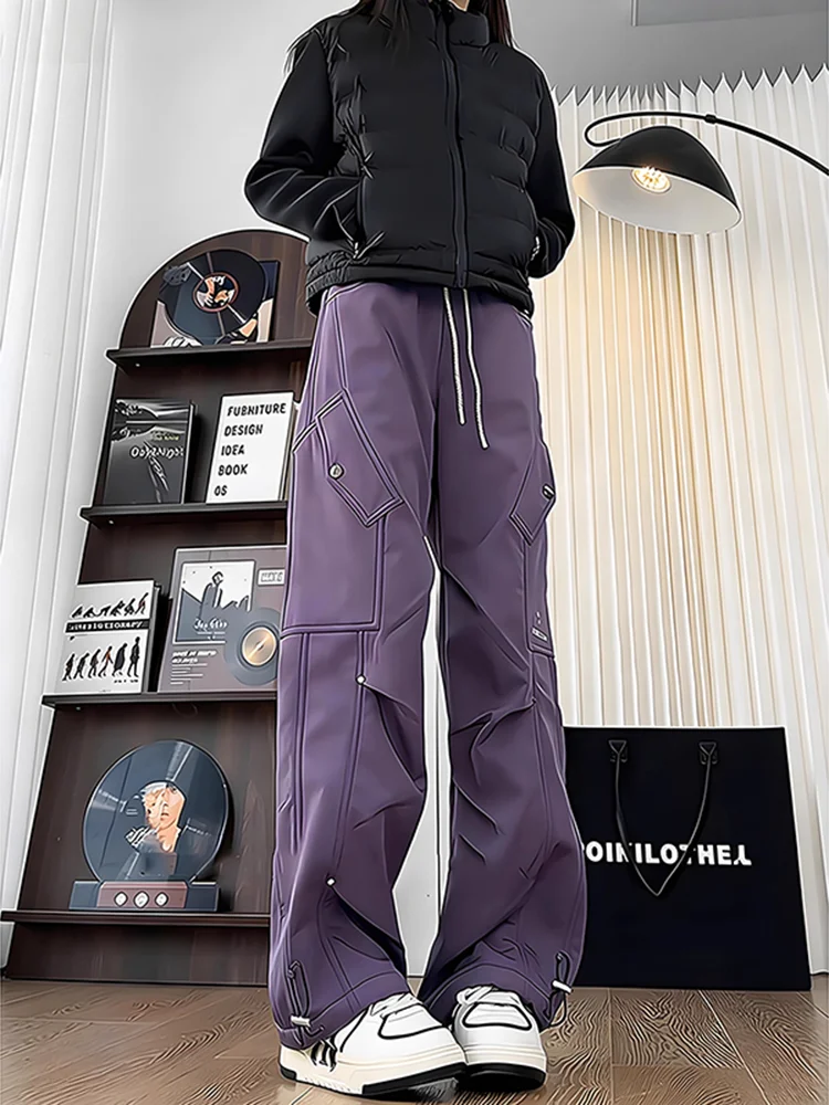 

Purple Fce Lined Soft ell Ski Pants Men Women Outdoor Windproof Waterproof Cold Resistant Trousers Casual Straight Leg P...