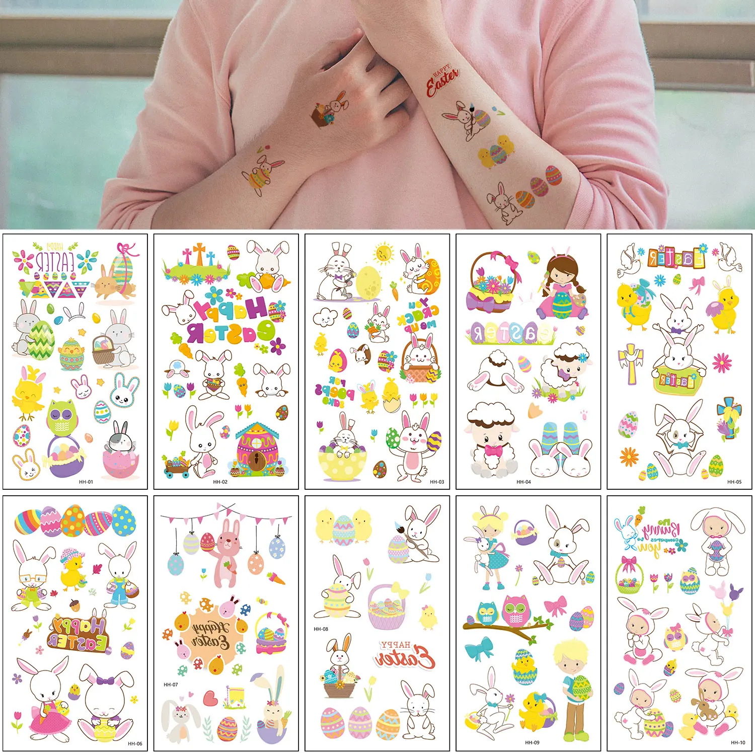 

Easter Temporary Tattoo Stickers, 10pcs Small Size Multiple Patterns Cartoon Rabbit Easter Egg Tattoo Stickers