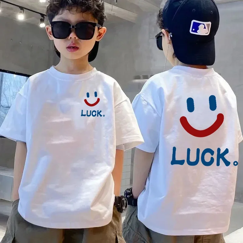 Kids Luck Smile Face Cotton T-Shirt, Boys Girls Front Back Print Casual Tee, Minimalist Letter  Summer Tops for Family Matching