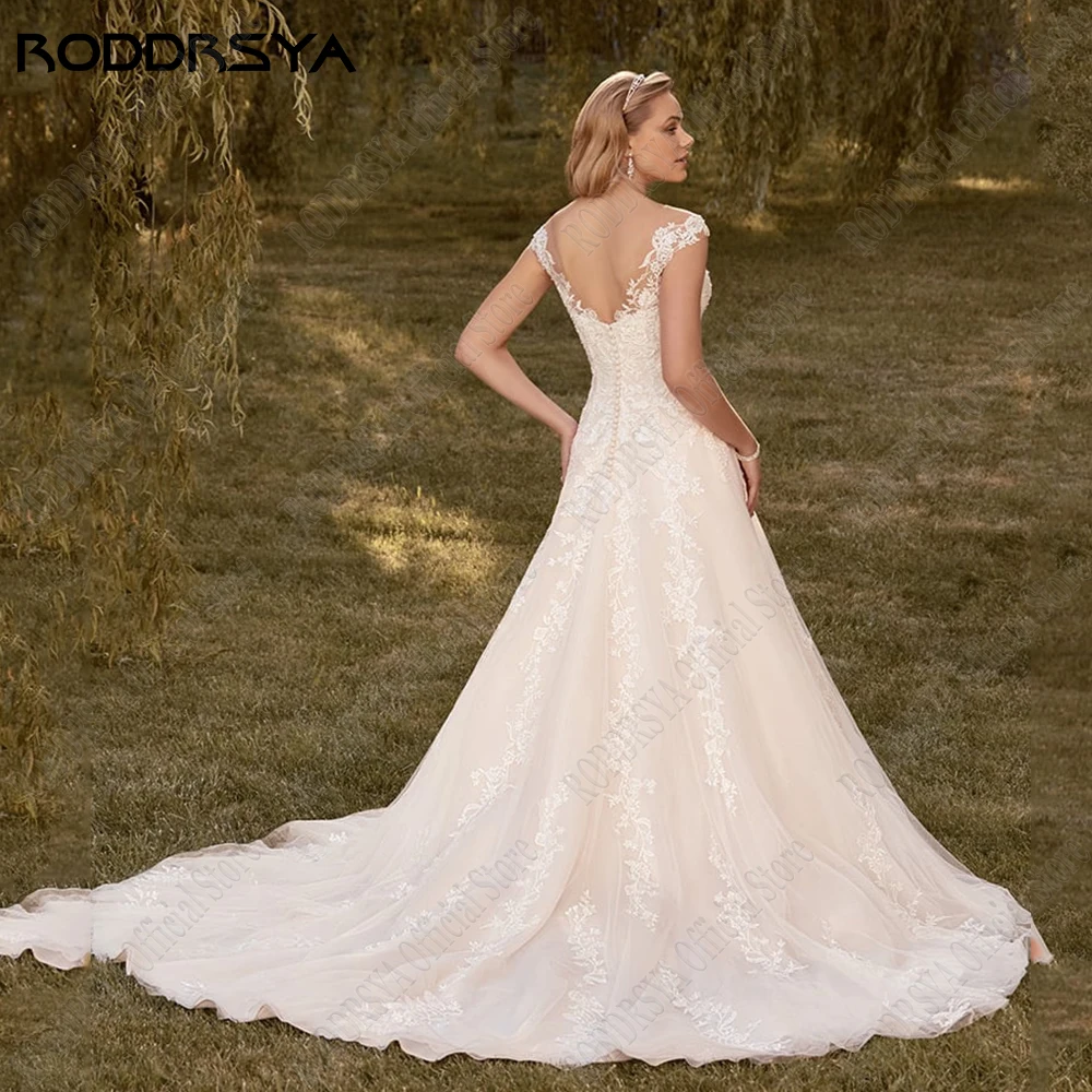 RODDRSYA-Vestidos De Novia De línea a para mujer, Vestidos De Novia bohemios con apliques De Espalda descubierta, Vestidos De Novia De tul con cuello redondoVestido de novia femenino con mangas de sombrero roddrsya en