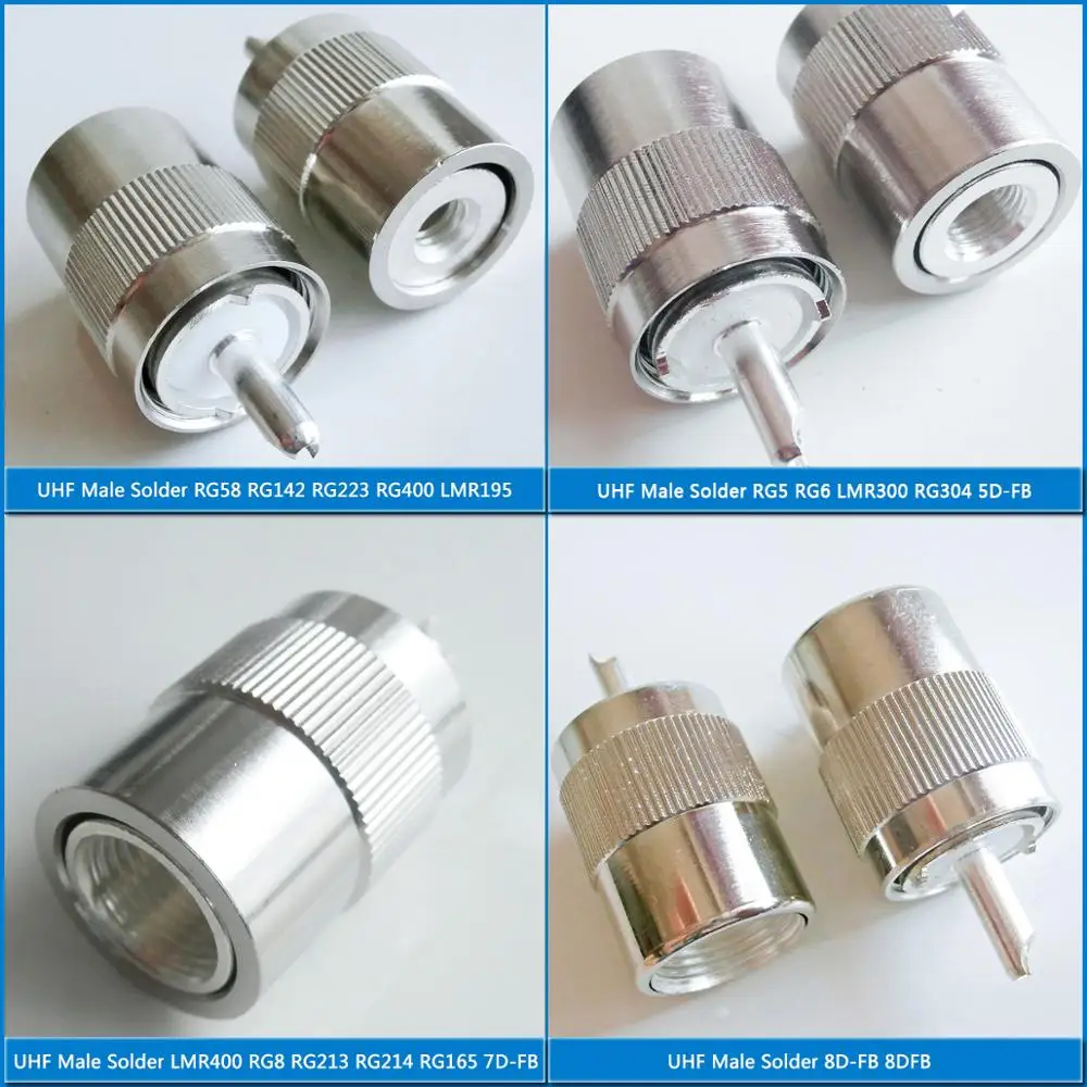 Kit Set Connector Socket UHF Male solder Cup For RG58 RG142 RG223 RG400 RG5 RG6 RG304 RG8 RG213 RG214 Cable Brass silver Plated