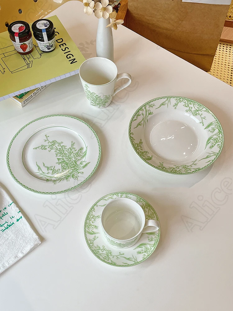 

French Lily of The Valley Ceramic Plate Pastoral Style Afternoon Tea Mugs Coffee Cups Aucer Set Breakfast Snack Plate Tableware