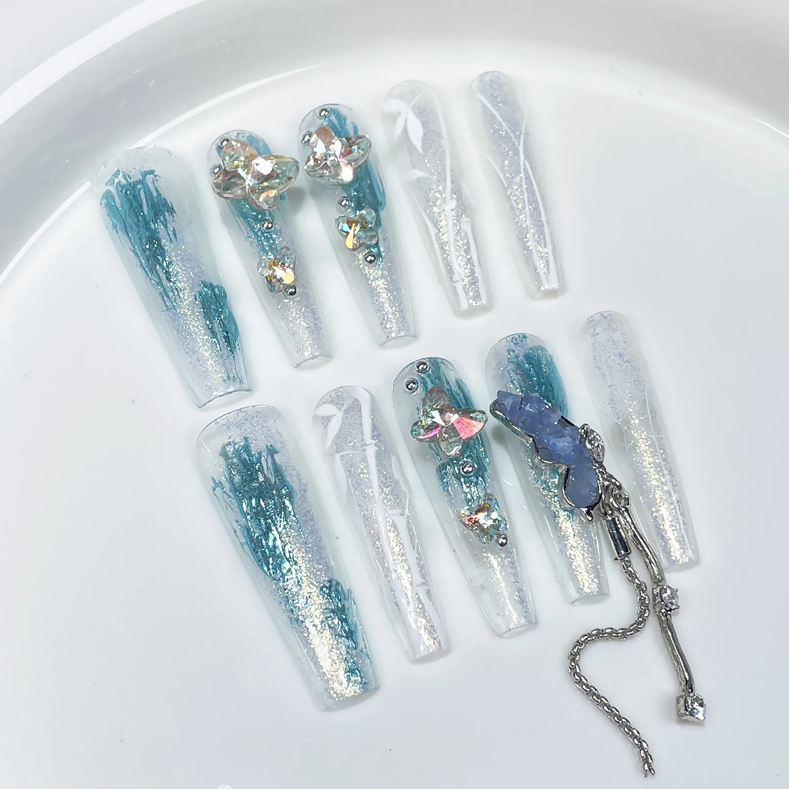 10 Stück blau handgemachte Presse auf Nägeln glänzende Pailletten gefälschte Nägel Diamant Design Farbverlauf Farbe tragbare falsche Nägel Tipps für Frau