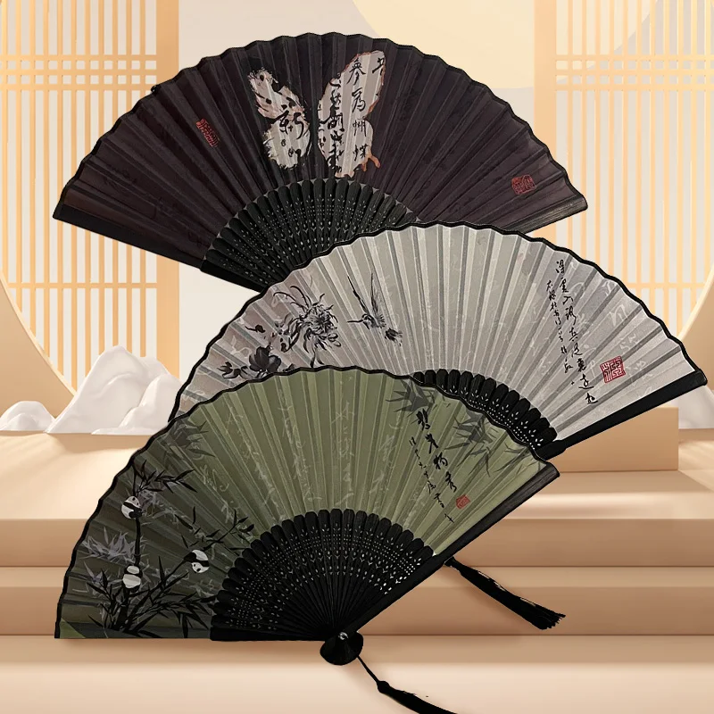 Chinese Style Ink Painting Folding Fan Summer Cooling Wood Handheld Fans Antique Printed Scenery Calligraphy Portable Dance Fan