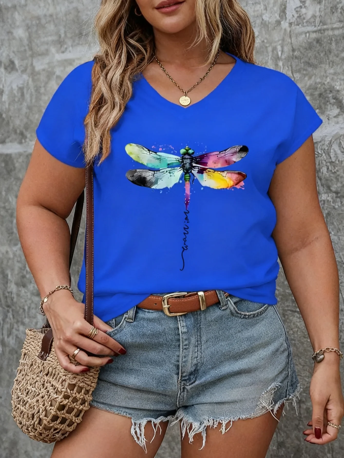 

Плюс размер 1XL-5XL, женская модная футболка с v-образным вырезом и рисунком стрекозы, женские повседневные дышащие летние топы с v-образным вырезом