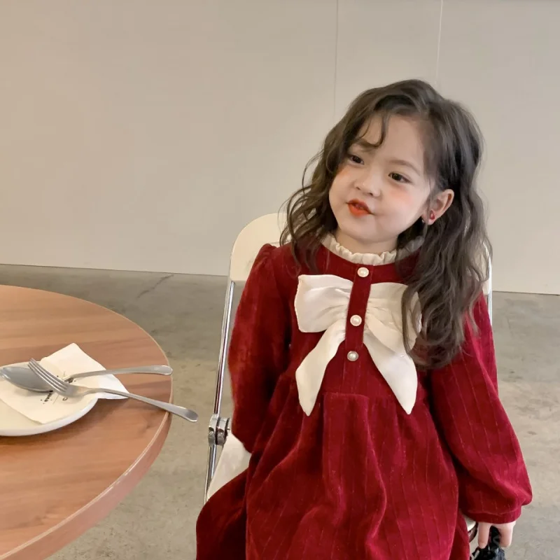 

Бархатное стеганое платье для девочек, новая зимняя одежда, детское красное платье принцессы в западном стиле, юбка для маленькой девочки
