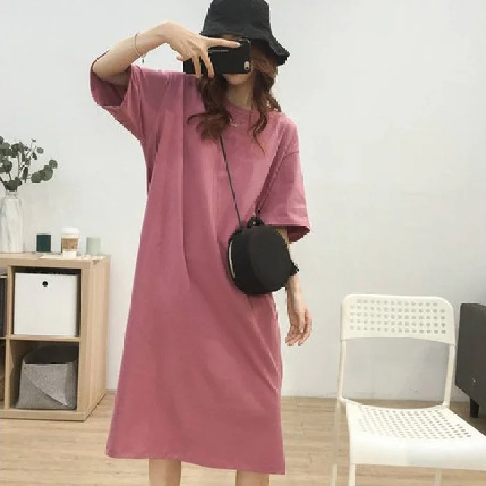 New Korean Short-sleeve Solid Color Side Cut Cotton Maxi Dresses Female Student Loose Basic Round Neck Style Long Dress
